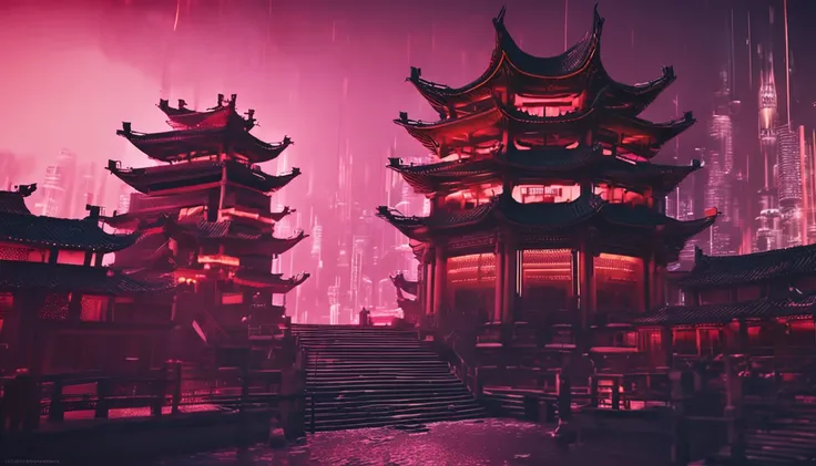 Chinese Drum Tower，Ancient architecture and future cities combined，Studio background，Cyberpunk night view，Cinematic texture，Meticulous，フォトリアリスティック