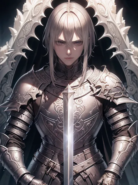 (A young male knight wearing broken silver armor), Handsome, ((He raised a sword stained with water)), A huge castle gate behind him, Light from the sky, Many swords are pointed at the knight, Silver hair, Black hair, Gradient hair, Chiaroscuro, Cinematic ...