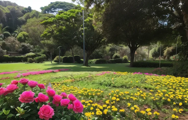 Paisagem de floresta com flores rosas a luz da lua