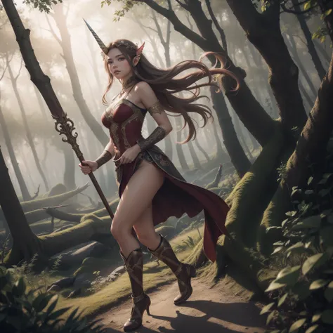 fallen wood,fantastic landscape:1.8,Elves with Spear:1.5,dynamic pose,action:1.6,Elf with a Spear:1.5,flat breasts,dynamic angle,dutch angle shot,ground-level shot,low angle,full body shot,dynamic range,hunter:1.2,One unicorn:1,3, One Girl and One Fairy:1....