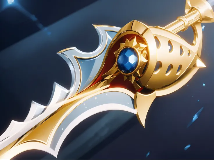 There is a golden-blue sword，blue colored eyes, , Golden sword, Sharp blade，Holy Sword，A double-edged sword，jagged sword，Metal blades