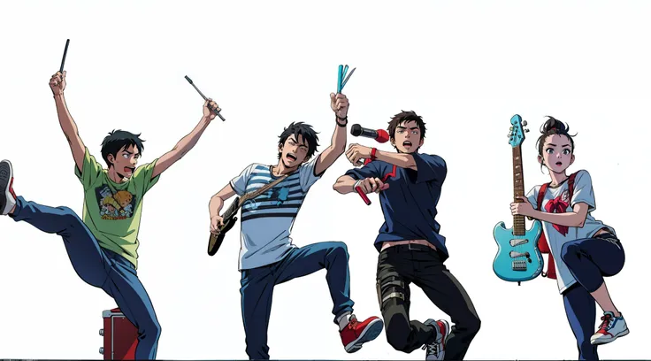 Anime scene, teenage rock band jumping, a guy on the left with drumstick, girl on the right, holding guitar