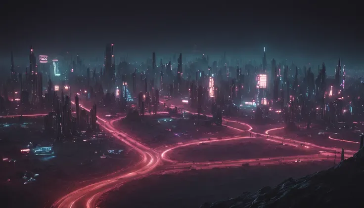 Cyberpunk cityu on the Tuopia Planitia, on Mars, night, view from afar, neon lights