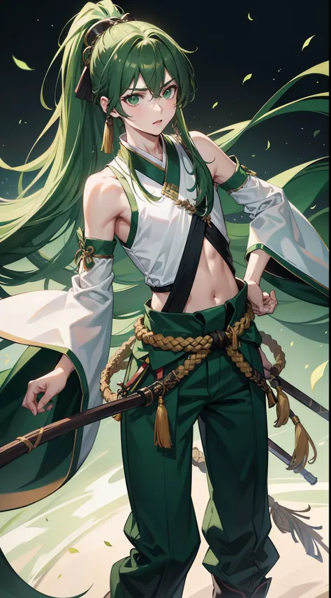 young boy, long dark green hair, high ponytail, Green eyes, Battle with Hanfu, Sleeveless, open belly, pants, Masterpiece, hiquality