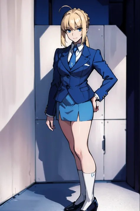 (masterpiece:1.4), (best quality:1.4), realistic, 1girl, artoria pendragon (fate), blue skirt suit, blue blazer, blue pencil skirt, white thighhigh socks, high heels, full body