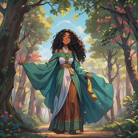 A woman A young teenage girl with long curly black hair curly curly curly curly like an African princess She has a gentle smile and a slim body Lolly She wears medieval clothes of a monk woman with monk robes and stands in the middle of a magical forest wi...