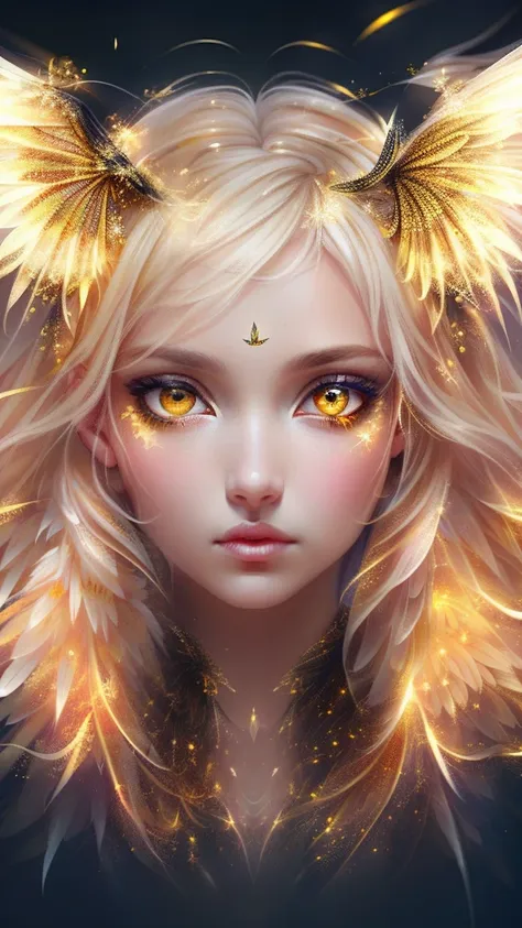 a female angel，beautiful face，yellow wings grow on the back、with black combined white background，beautiful yellow eyes, masterpi...