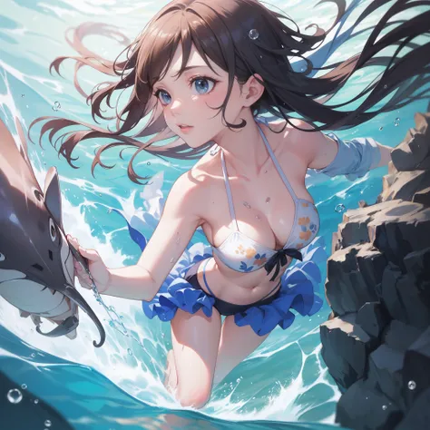 Mid summer,The bikini,under the sea:1.5,deep sea:1.6action:1.6,dynamic angle,dutch angle shot,ground-level shot,low angle,full body shot:1.6,long shot:1.6,air bubbles appear:1.5,dive in the sea:1.8,Wet hair,swimming:1.6,(Raw photo: 1.2), (Realism: 1.4), (m...