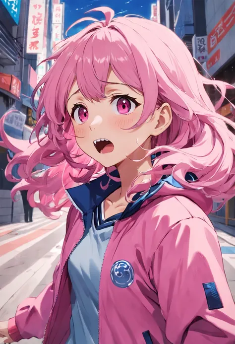 masterpiece, best quality, highres, gotou1, gotou hitori, solo, pink jacket, track jacket, bangs, hair between eyes, long sleeves, (shaded face:1.2), upper_body, wavy mouth, sweatdrop, open mouth, embarrassed, trembling, outdoors,