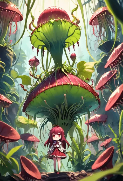 chibi carnivorous plant with eyes mascot with other plants