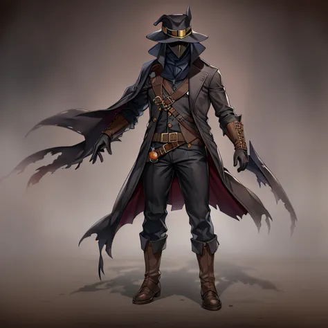 1boy, adult man, plague doctor, very tall body, muscular build, detailed. Accessory, brown leather plague mask, black goggles, black leather gloves, simple black fedora hat, utility belt, black historical but stylish clothing, all skin covered, (no skin sh...