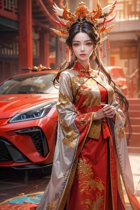 A woman in a red Chinese costume stands next to a supercar,Exquisite phoenix crown,anatomy correct,A detailed eye, 二重まぶた，Whiten skin，delicate patterned，Oriental elements，Ink painting style, Clean colors,Golden space, Soft lighting, ( Bokeh)，Masterpiece, Su...