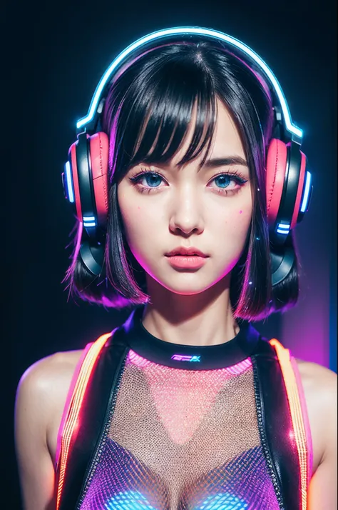 Upper body portrait, japanes, Cute girl isometric section 3D hologram, hair of Multi-colors, Long bob cut, Wearing headphones, Wear the clothes of the future, large full breasts, Black and pink neon lights, Blender UHD Rendering, Neon Light Backgrounds - R...