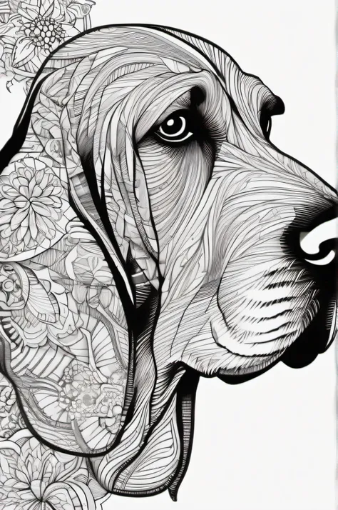 Basset Hound for a coloring, linhas em negrito, linhas escuras, estilo mandala, simetrico, fundo branco, Arte de linha limpa, arte de linha fina, preto e branco, colorir