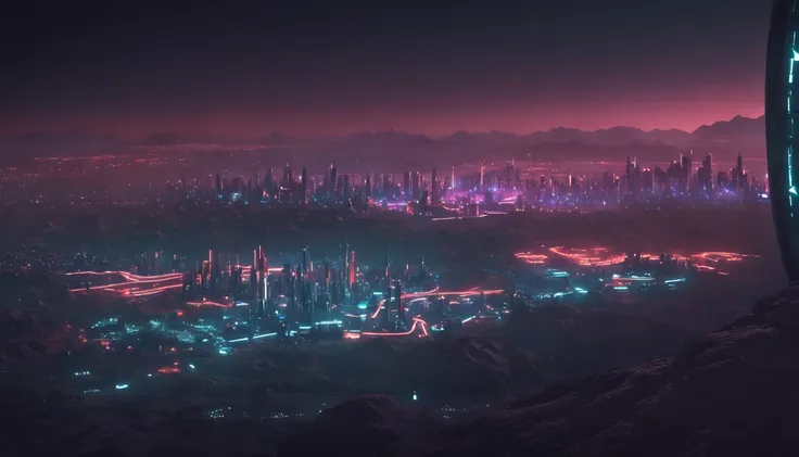 Cyberpunk city on the Tuopia Planitia, on Mars, night, view from afar, neon lights