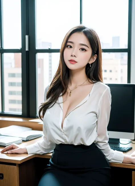 25 years old female, soio, A secretary, stunningly beautiful, (top-quality、8K、32K、tmasterpiece、NFFSW:1.3)、超A high resolution,(Photorealsitic:1.4),RAW photography, Detailed face,,Beautiful hair, White shirt,((Secretarial style)), thicc body, Tight skirts、 N...