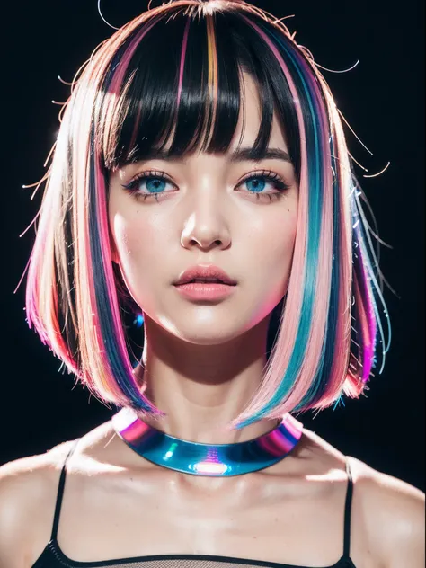 Upper body portrait, japanes, hair of Multi-colors, Long bob cut, head phone, Cute girl isometric section 3D hologram, Black and pink neon lights, Blender UHD Rendering, Black Background - Raw Style - AR 3:2