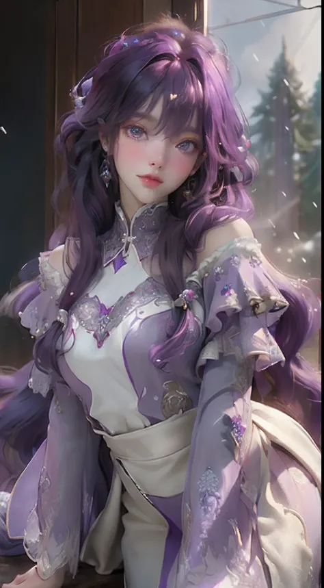 ((Best quality)), ((Masterpiece)), (Detailed:1.4), 。.3D, Image of a woman from a beautiful angle,hdr (HighDynamicRange), Long, curly bright purple hair, Angelic face, Bright purple eyes, Plump red lips, Snow-whiteskin