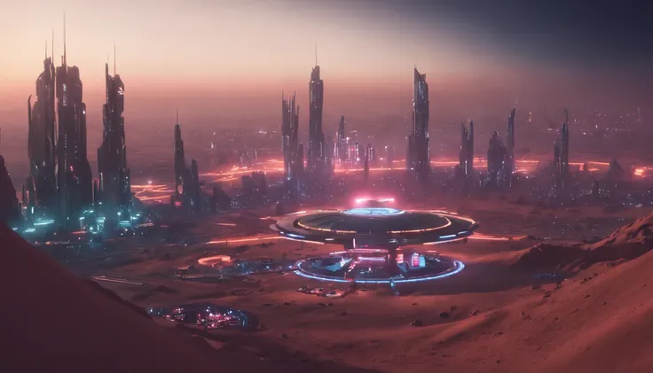 Cyberpunk city on the Tuopia Planitia, on Mars, night, view from afar, neon lights