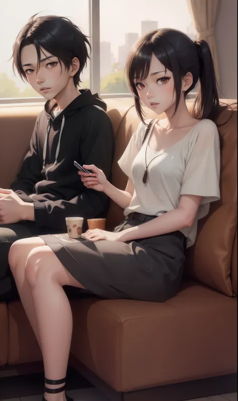 there is a woman and a boy sitting on a couch, a picture by Shingei, pixiv, shin hanga, hi - res scan, hi-res scan, with a kid, sitting on the couch, at pixiv, in anime style, sitting on the sofa, official art, made with anime painter studio, in an anime s...