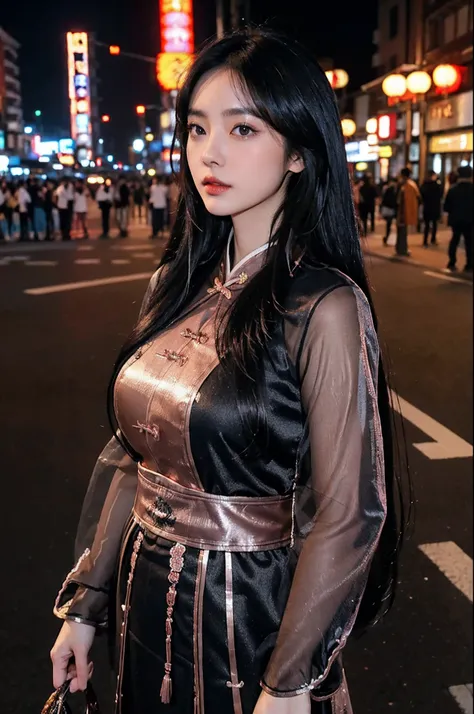 1girl,(rose gold/black/transparent chinese traditional clothing, long hair, black hair,hair reaches waist, upper body, cowboy shot,Tokyo street,night, cityscape,city lights,close-up, 8k, RAW photo, best quality, masterpiece,realistic, photo-realistic,