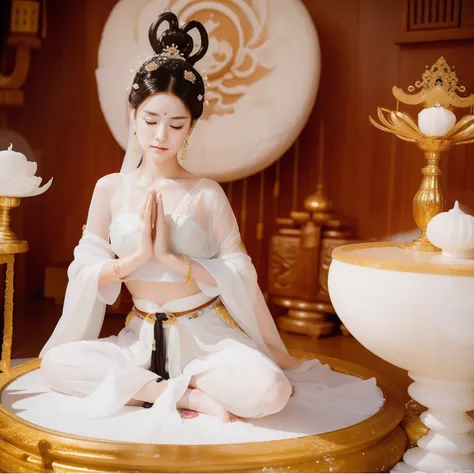 Sexy Zen concubine sitting on an altar meditating，（Yoga lotus sitting），（Complete，Delicate and good-looking face），（The whole body is soaked in milky white ）