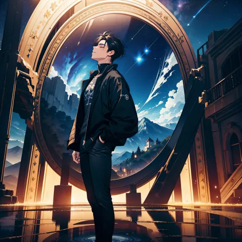 ((Best Quality, 8K, Masterpiece)), landscape, in front of portal, closed eyes, young man with black hair, black jeans, amazing scenery, hundreds of stars forming a circle, center of cyborg city, futures, bring magic power, the edge of the world, outstandin...