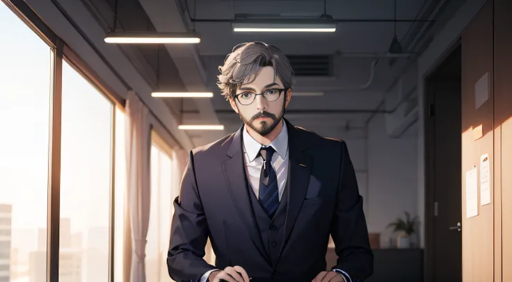 (4K, Best picture quality, A high resolution:1.1), (Masterpiece:1.1)，Office building access，The light is perfect，A middle-aged，Black suit，Against the wall，sat on the ground，Gray hair，little beard，Wearing glasses，