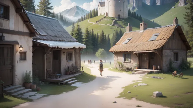 Compose an animation scene that brings to life a band of travelers as they gather around a rustic village well. The camera skillfully captures the travelers fatigue, illustrating their unique features and the journeys toll on their expressions. The village...