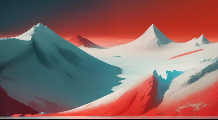 There are glaciers in the middle of the red ocean, Vivid abstract landscape, Beautiful jitter gradient, made entirely from gradients, abstract landscape, ice mountain, surreal flat colors, The red plane is surreal and ethereal, Red White Sky Blue, Surreal ...