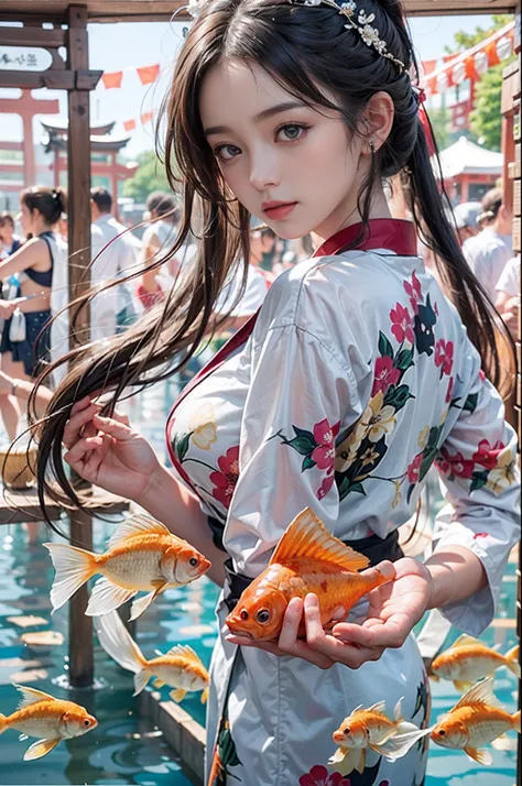 电影灯光，(((tmasterpiece))), ((best qualtiy)), ((intricate and detailed)), ((Ultra-realistic realism)), 4K,1beautiful woman, 25-years old, poneyTail,Ultra-fine yukata,beautiful countenance,Beautiful brown eyes,face perfect,A slender,large full breasts,having a...