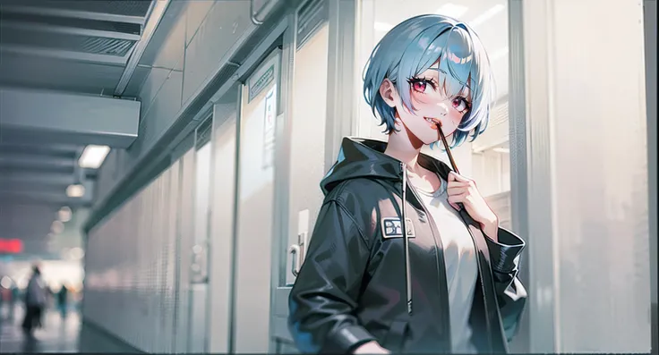 Anime image of a woman with light blue hair and a black jacket, A white shirt is worn under a black jacket，red lipstick on his mouth，Look at you with red eyes，Smile at you，Anime girl Rei Ayanami Majin, Leaning on the pillars of the subway，from evangelion