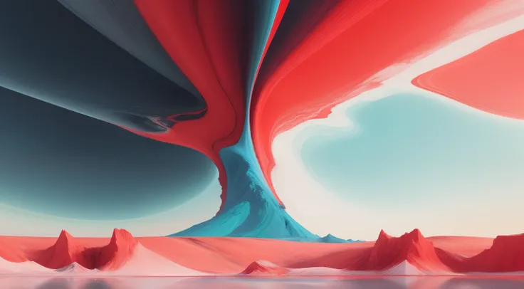 There are glaciers in the middle of the Red Sea, Vivid abstract landscape, Beautiful jitter gradient, made entirely from gradients, abstract landscape, ice mountain, surreal flat colors, The red plane is surreal and ethereal, Red White Sky Blue, Surreal la...