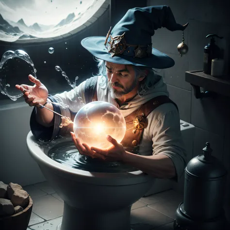 People who put their upper body out of the Western-style toilet bowl, Man with a shining ball, wizard pondering his orb, an arcane wizard casting a spell, spell casting wizard, With a shining orb, Wizard Casting Spells, Cast protective spells, sorcerer mag...