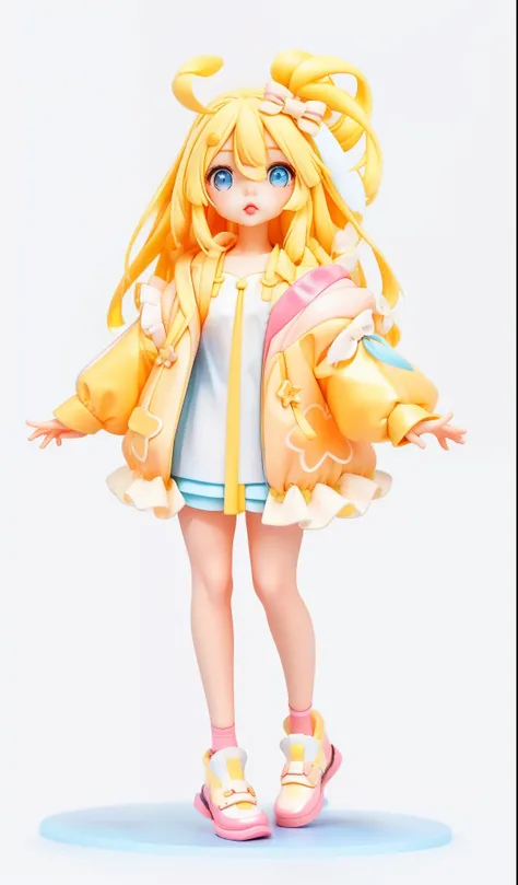 Blind box toy style，a little lovely kid girl，Bubble Mart style，cute  face，White flat shoes with a pale yellow coat，Long yellow hair mixed with a hint of light blue hair，There is a pale pink bow on the top of the head