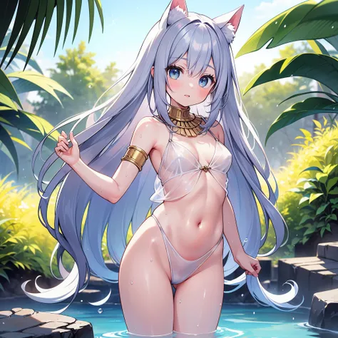 (​masterpiece)、(top-quality)、(ultra-detailliert)、((single body))、(solofocus)、14 year old beautiful girl、silber hair、Emphasis on the thighs、Costume of the god Bastet、Egyptian mythology、Bathing in a desert oasis、Wet and see-through