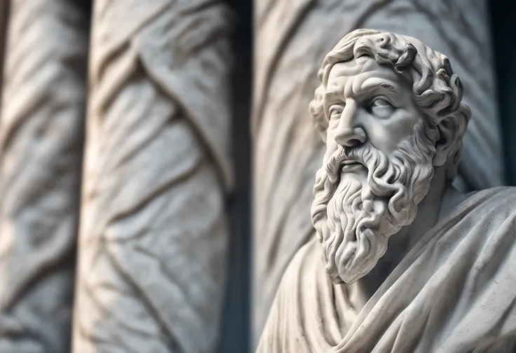 White marble statue of wise man with the style of the Greek beard philosopher in the museum. Atmosfera escura, ato contraste de u e sombra, fotografia profissional, Utra realista