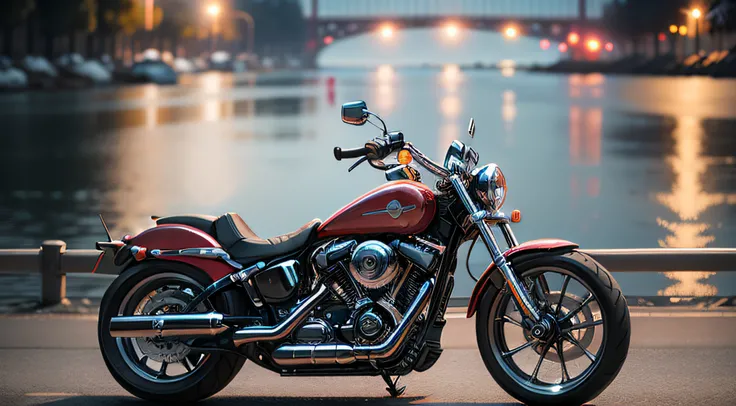 angle view, A beautiful harley-davidson 2023 Breakout 117, Ready to take off for a travel, the runaway is seen with shallow water, and reflection of the city headlights shot with Canon Eos with the following setting: Mode: Manual Mode (M), Shutter Speed: 1...