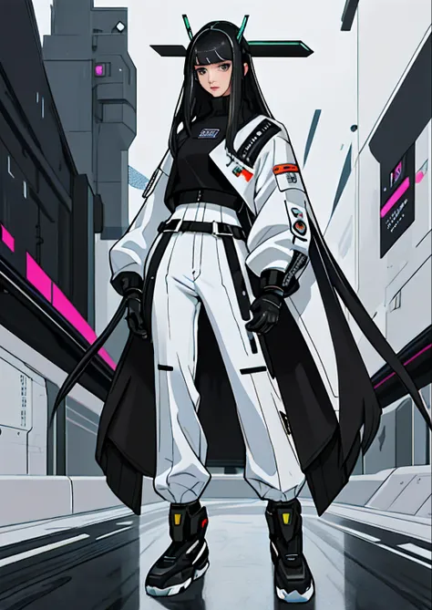 cyber punk perssonage，beuaty girl，16 yaers old，High picture quality，Exquisite，Black color hair，Gray eye，mid - length hair，hair straight，incomparable beauty，Modern style clothing，M-shaped bangs，White clothes，full bodyesbian，The proportions are normal，Standi...