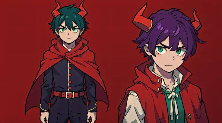 top-quality、(Deformed)、Boy with short purple hair、Green eyes、demonic horns、The costume is a red cape、Chroma key background