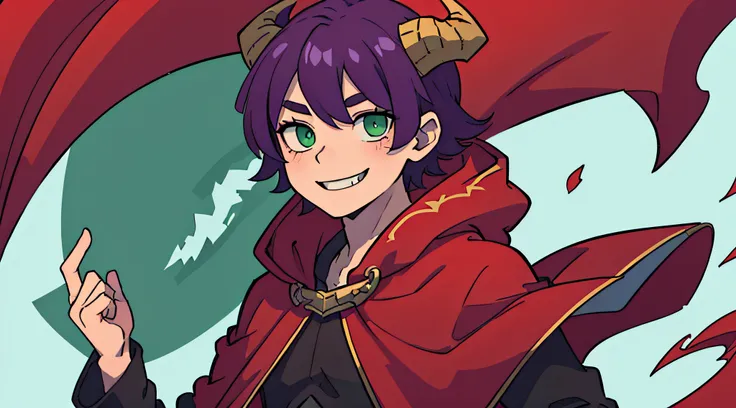 top-quality、(Deformed)、Boy with short purple hair、Green eyes、demonic horns、a smile、red cloak、Greenscreen background