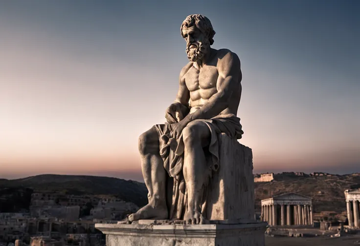 Senecas statue of a man sitting standing in the Greco-Roman temple at night, Illumination of the Dark Night Moon, divino e estoico, Estoicismo, estoico and calm, stoic, Stoic attitude, Pose estoica, eStoic face, philosophical, philosopher, classical statue...