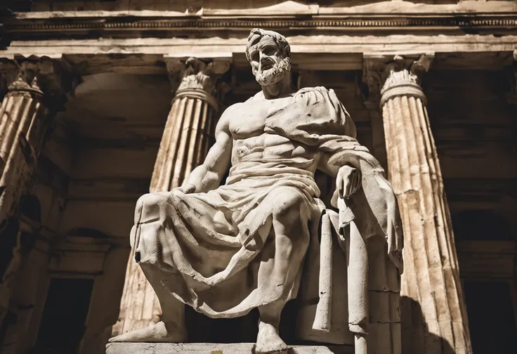 Senecas statue of a man sitting standing in the Greco-Roman temple at night, Illumination of the Dark Night Moon, divino e estoico, Estoicismo, estoico and calm, stoic, Stoic attitude, Pose estoica, eStoic face, philosophical, philosopher, classical statue...