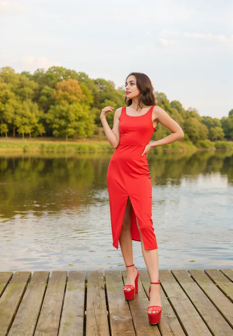 A woman in a red dress stands on a pier by the lake, wearing red dress, girl wears a red dress,  Red dress, at the waterside, summer evening, high - end fashion photoshoot, Nature, woods, pond, Beautiful wooden bridge, Beautiful wooden pier