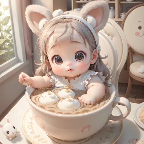 (Extremely cute and delicate CG illustration, Ultra-detailed and ultra-high-quality),A cute baby girl，Chinese baby girl，Wearing rabbit ears，Sit at the table and drink milk tea