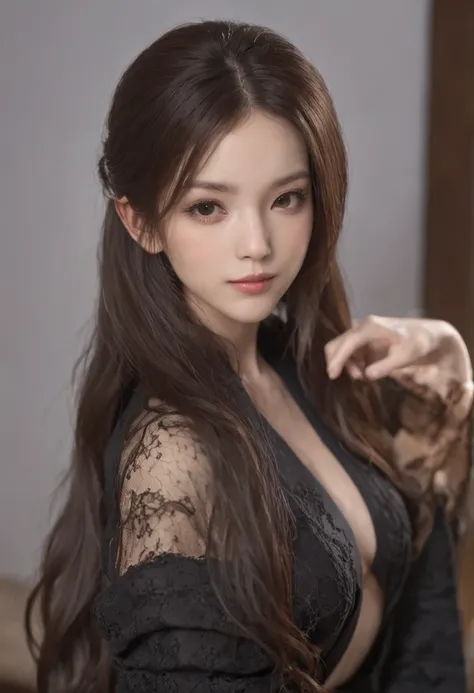 best qualtiy，tmasterpiece，超高分辨率（VirtualGirl-Aim）（Realistic1.2）（Photorealistic：2.0）Open black bathrobe，Lie flat on the table，full bodyesbian，Brown hair long，Very detailed facial features，Delicate facial expressions，taut skin，Bare body，spreads her legs apart...