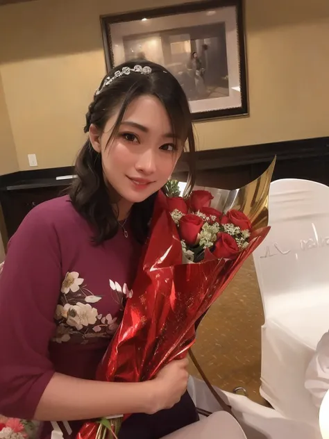 there is a woman holding a bunch of flowers in her hand, with flowers, bouquet, she is about 2 5 years old, very low quality, very very low quality, exclusive, sakimi chan, 2 3 years old, beautiful girlfriend, grand!, chiho, 2 2 years old, student, 2 4 yea...