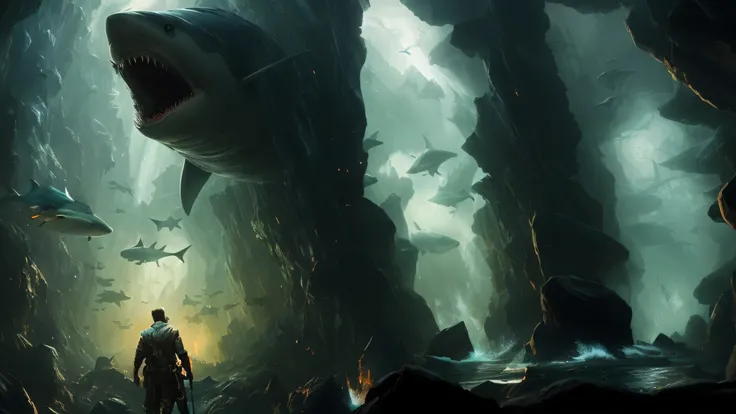 a man standing in a cave with a shark in the background, dramatic concept art, epic fantasy sci fi illustration, inspirado em Aleksi Briclot, arte conceitual 4k, Arte Conceitual 4K, arte conceitual 8 k, Arte conceitual 4k, Arte conceitual 4K, Arte conceitu...