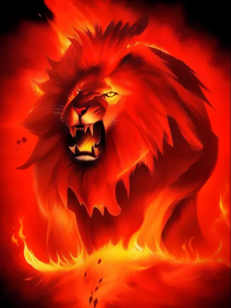 Lion with eyes of fire , na boca uma espada e vestido com um manto de sangue