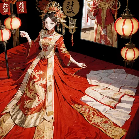 a chinese wedding，the bride，A woman in a red and gold dress，lanterns